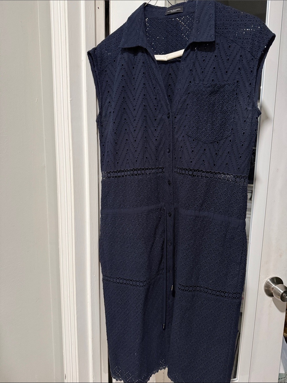 Navy Eyelet Button-Front Shirt Dress